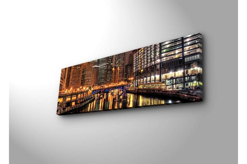Canvas-taulu LED-valaistuksella 30x90 cm - Yöllinen kaupunkikuva heijastuksilla vedessä - Kulta / Sininen / Musta - Sisustustuotteet - Taulu & taide - Canvas-taulu
