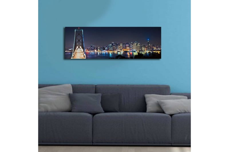 Canvas-taulu LED-valaistuksella 30x90 cm - Yöllinen kaupunkikuva sillalla ja pilvenpiirtäjien silueteilla - Tummansininen / Vaaleanvihreä / Valkoinen - Sisustustuotteet - Taulu & taide - Canvas-taulu