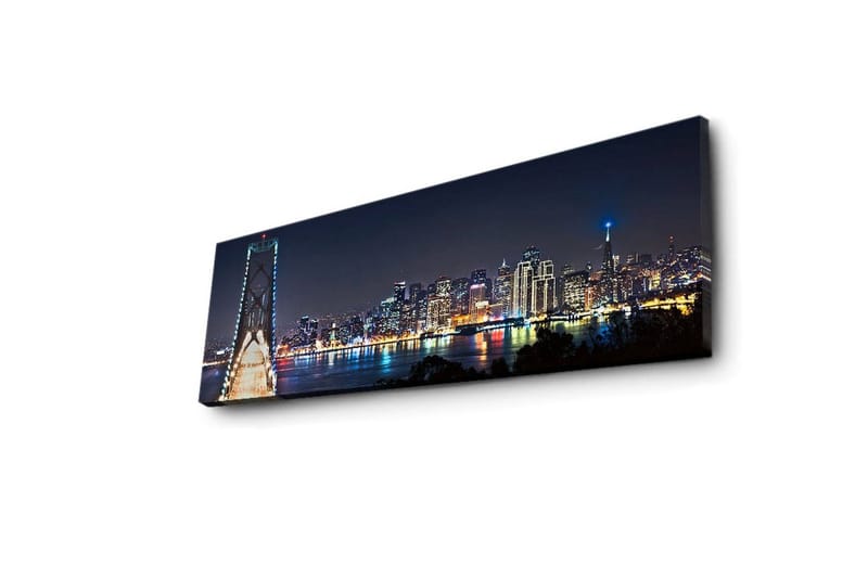 Canvas-taulu LED-valaistuksella 30x90 cm - Yöllinen kaupunkikuva sillalla ja pilvenpiirtäjien silueteilla - Tummansininen / Vaaleanvihreä / Valkoinen - Sisustustuotteet - Taulu & taide - Canvas-taulu