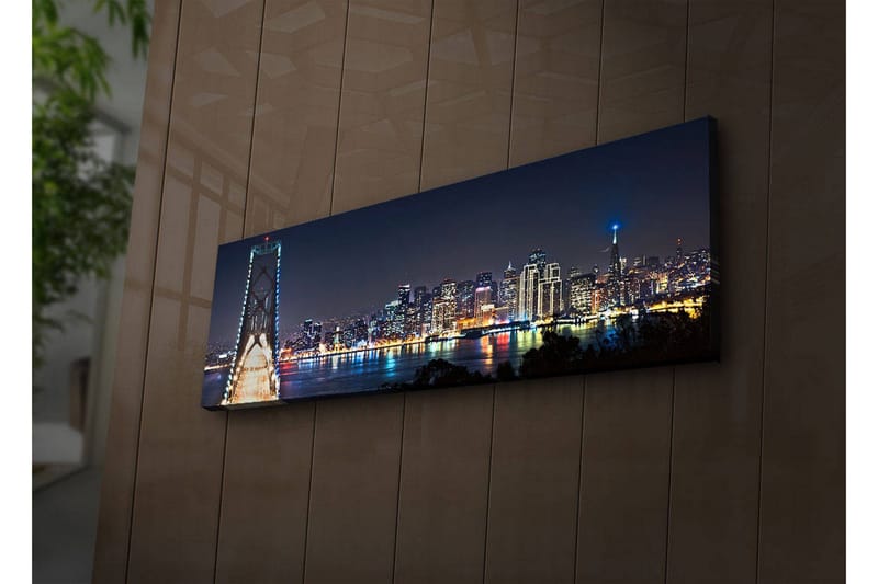 Canvas-taulu LED-valaistuksella 30x90 cm - Yöllinen kaupunkikuva sillalla ja pilvenpiirtäjien silueteilla - Tummansininen / Vaaleanvihreä / Valkoinen - Sisustustuotteet - Taulu & taide - Canvas-taulu