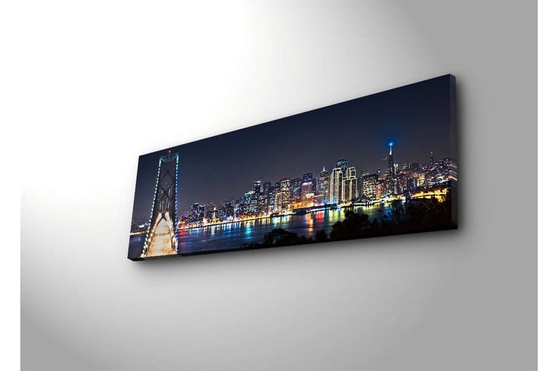 Canvas-taulu LED-valaistuksella 30x90 cm - Yöllinen kaupunkikuva sillalla ja pilvenpiirtäjien silueteilla - Tummansininen / Vaaleanvihreä / Valkoinen - Sisustustuotteet - Taulu & taide - Canvas-taulu