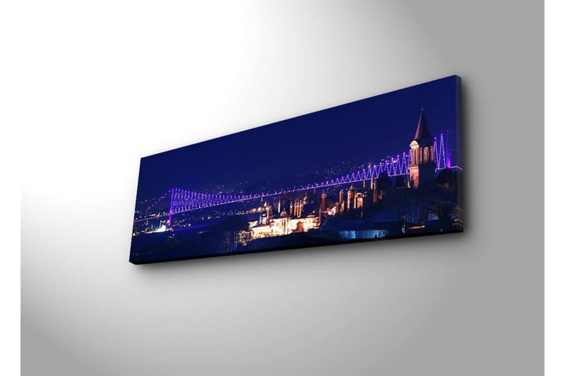 Canvas-taulu LED-valaistuksella 30x90 cm - Yöllinen kaupunkikuva valaistulla sillalla ja historiallisilla rakennuksilla - Tummansininen / Violetti / Valkoinen - Sisustustuotteet - Taulu & taide - Canvas-taulu