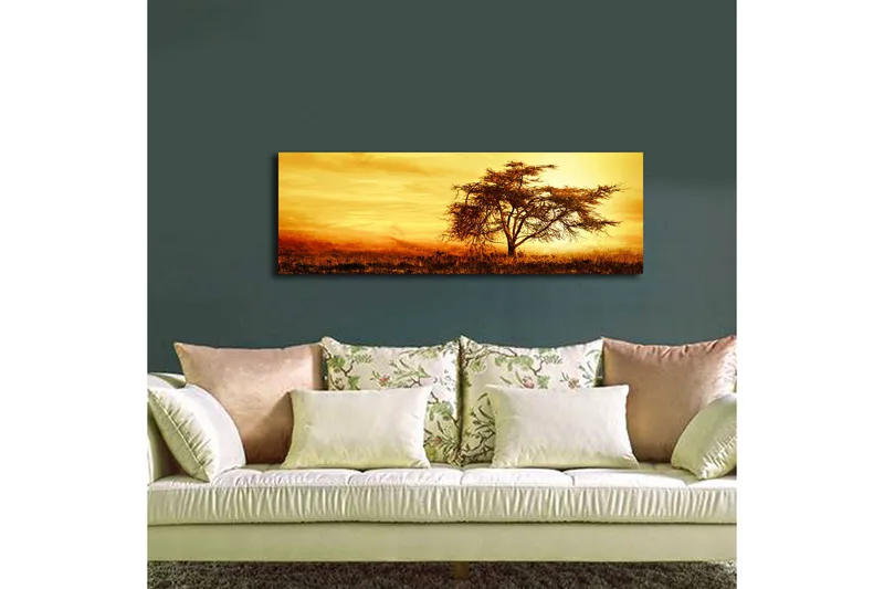 Canvas-taulu LED-valaistuksella 30x90 cm - Yksinäinen akaasiapuu kultaista auringonlaskua vasten - Kulta / Ruskea / Oranssi - Sisustustuotteet - Taulu & taide - Canvas-taulu