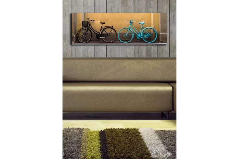 Canvas-taulu LED-valaistuksella 30x90 cm - Polkupyörät kontrastiväreissä keltaista seinää vasten - Musta / Turkoosi / Keltainen - Sisustustuotteet - Taulu & taide - Canvas-taulu