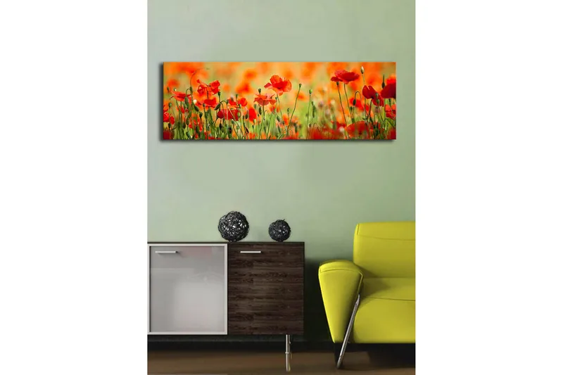 Canvas-taulu LED-valaistuksella 30x90 cm - Punainen unikkopelto rehevässä vihreässä ympäristössä - Punainen / Vihreä / Oranssi - Sisustustuotteet - Taulu & taide - Canvas-taulu