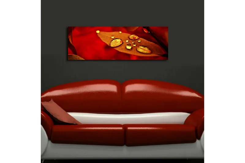 Canvas-taulu LED-valaistuksella 30x90 cm - Punainen lehti kimaltelevilla vesipisaroilla - Punainen / Kulta / Ruskea - Sisustustuotteet - Taulu & taide - Canvas-taulu