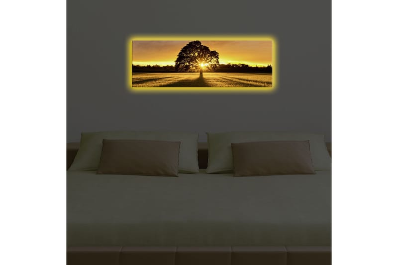 Canvas-taulu LED-valaistuksella 30x90 cm - Puun siluetti kultaista auringonlaskua vasten - Kulta / Musta / Vihreä - Sisustustuotteet - Taulu & taide - Canvas-taulu