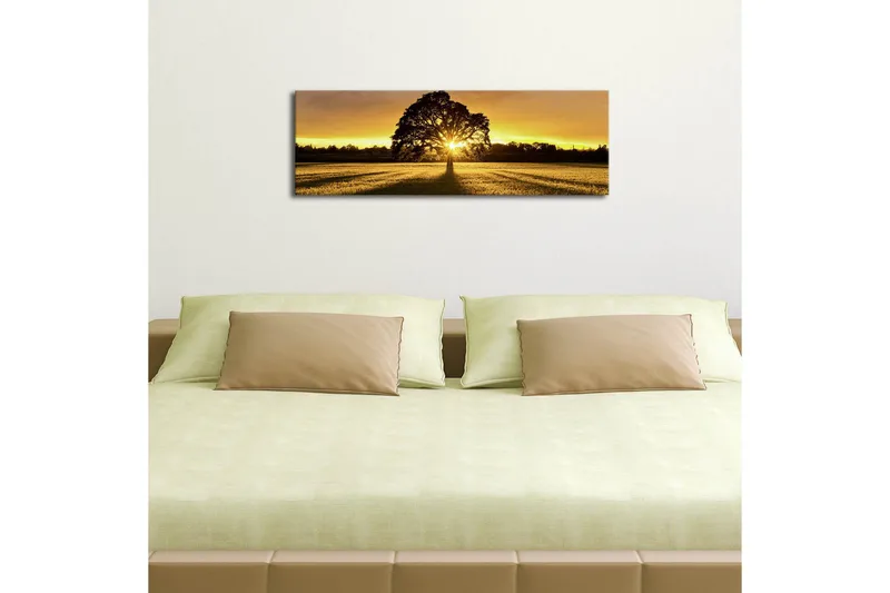 Canvas-taulu LED-valaistuksella 30x90 cm - Puun siluetti kultaista auringonlaskua vasten - Kulta / Musta / Vihreä - Sisustustuotteet - Taulu & taide - Canvas-taulu