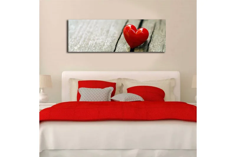 Canvas-taulu LED-valaistuksella 30x90 cm - Punainen sydämenmuotoinen koriste puupinnalla - Punainen / Ruskea - Sisustustuotteet - Taulu & taide - Canvas-taulu