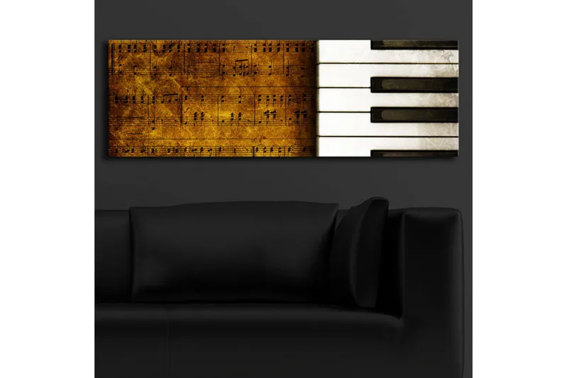 Canvas-taulu LED-valaistuksella 30x90 cm - Pianonäppäimet ja nuotit tyylitellyssä sommitelmassa - Kulta / Valkoinen / Musta - Sisustustuotteet - Taulu & taide - Canvas-taulu