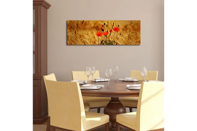 Canvas-taulu LED-valaistuksella 30x90 cm - Punaisia unikkoja kultaisissa pelloissa - Punainen / Kultainen ruskea - Sisustustuotteet - Taulu & taide - Canvas-taulu