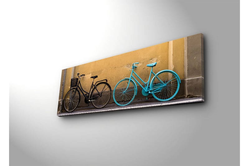 Canvas-taulu LED-valaistuksella 30x90 cm - Polkupyörät kontrastiväreissä keltaista seinää vasten - Musta / Turkoosi / Keltainen - Sisustustuotteet - Taulu & taide - Canvas-taulu