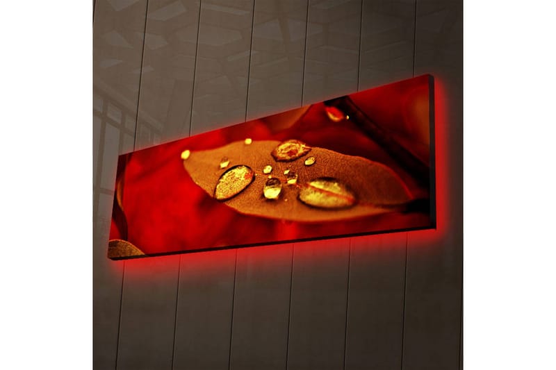 Canvas-taulu LED-valaistuksella 30x90 cm - Punainen lehti kimaltelevilla vesipisaroilla - Punainen / Kulta / Ruskea - Sisustustuotteet - Taulu & taide - Canvas-taulu