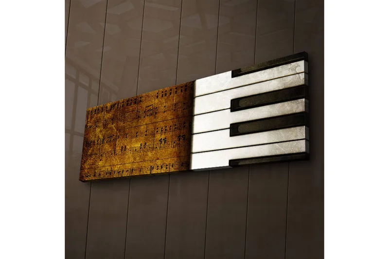 Canvas-taulu LED-valaistuksella 30x90 cm - Pianonäppäimet ja nuotit tyylitellyssä sommitelmassa - Kulta / Valkoinen / Musta - Sisustustuotteet - Taulu & taide - Canvas-taulu