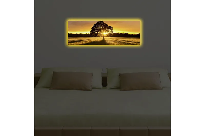 Canvas-taulu LED-valaistuksella 30x90 cm - Puun siluetti kultaista auringonlaskua vasten - Kulta / Musta / Vihreä - Sisustustuotteet - Taulu & taide - Canvas-taulu