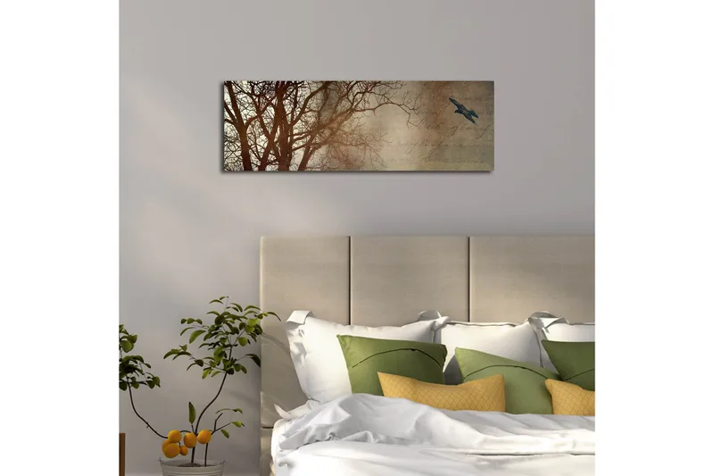 Canvas-taulu LED-valaistuksella 30x90 cm - Puun siluetti ja lennossa oleva lintu pehmeästi sävytettyä taustaa vasten - Tummanruskea / Beige / Musta - Sisustustuotteet - Taulu & taide - Canvas-taulu