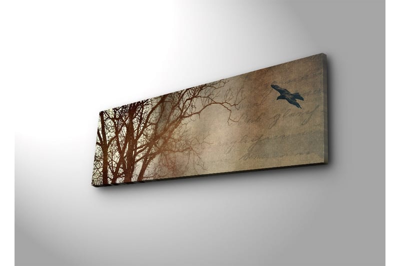 Canvas-taulu LED-valaistuksella 30x90 cm - Puun siluetti ja lennossa oleva lintu pehmeästi sävytettyä taustaa vasten - Tummanruskea / Beige / Musta - Sisustustuotteet - Taulu & taide - Canvas-taulu