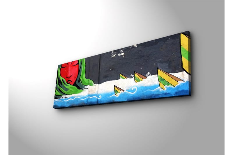 Canvas-taulu LED-valaistuksella 30x90 cm - Punaiset kasvot vihreällä huivilla ja veneillä aaltoilevalla sinisellä pohjalla - Punainen / Vihreä / Sininen - Sisustustuotteet - Taulu & taide - Canvas-taulu