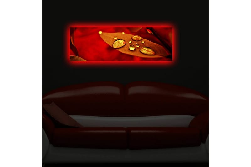 Canvas-taulu LED-valaistuksella 30x90 cm - Punainen lehti kimaltelevilla vesipisaroilla - Punainen / Kulta / Ruskea - Sisustustuotteet - Taulu & taide - Canvas-taulu