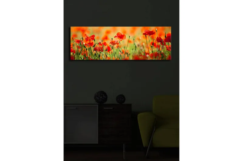 Canvas-taulu LED-valaistuksella 30x90 cm - Punainen unikkopelto rehevässä vihreässä ympäristössä - Punainen / Vihreä / Oranssi - Sisustustuotteet - Taulu & taide - Canvas-taulu