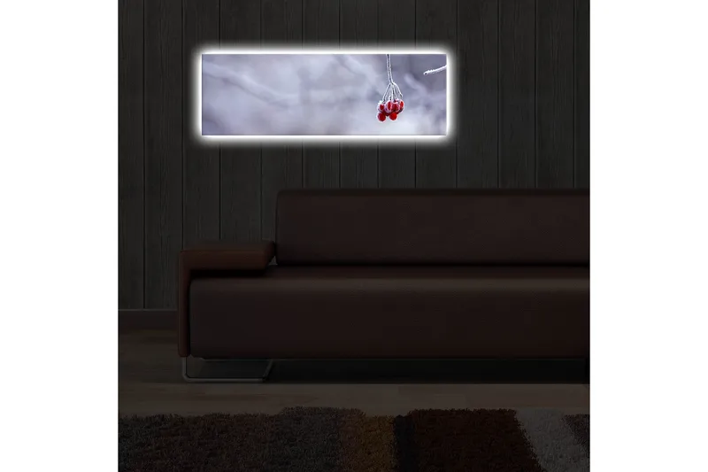 Canvas-taulu LED-valaistuksella 30x90 cm - Pakkasmarjat roikkuvat oksalla - Punainen / Harmaa / Valkoinen - Sisustustuotteet - Taulu & taide - Canvas-taulu