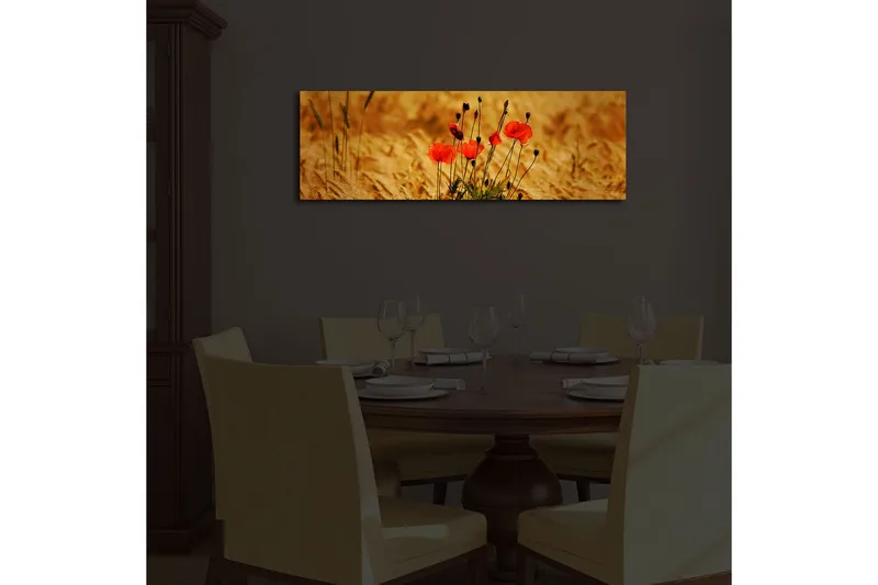 Canvas-taulu LED-valaistuksella 30x90 cm - Punaisia unikkoja kultaisissa pelloissa - Punainen / Kultainen ruskea - Sisustustuotteet - Taulu & taide - Canvas-taulu