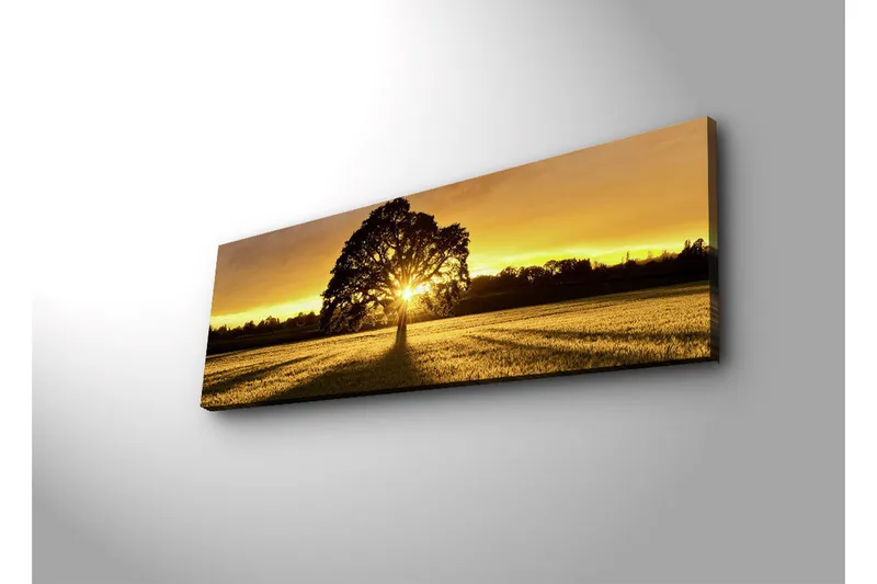 Canvas-taulu LED-valaistuksella 30x90 cm - Puun siluetti kultaista auringonlaskua vasten - Kulta / Musta / Vihreä - Sisustustuotteet - Taulu & taide - Canvas-taulu