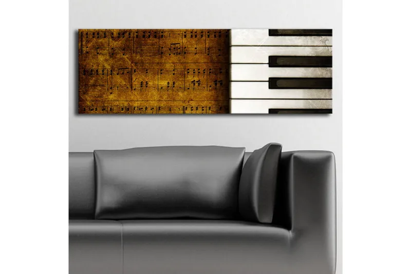 Canvas-taulu LED-valaistuksella 30x90 cm - Pianonäppäimet ja nuotit tyylitellyssä sommitelmassa - Kulta / Valkoinen / Musta - Sisustustuotteet - Taulu & taide - Canvas-taulu