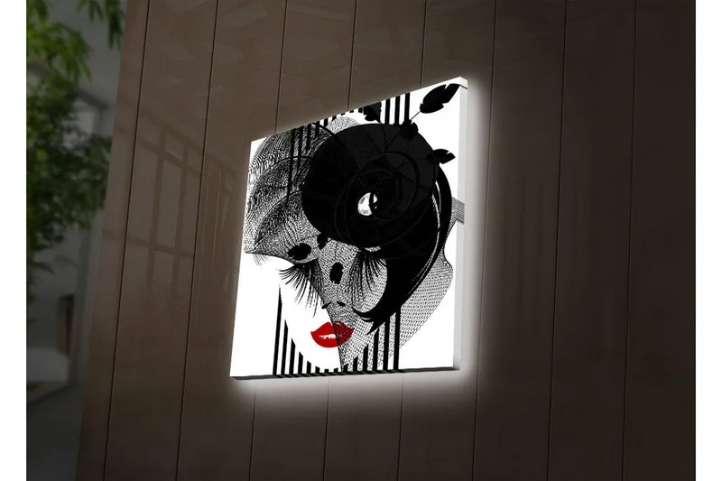 Canvas-taulu LED-valaistuksella 40x40 cm - Abstrakti muotokuva elegantista naisesta ja mustista yksityiskohdista, Musta / Punainen / Valkoinen