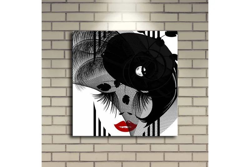 Canvas-taulu LED-valaistuksella 40x40 cm - Abstrakti muotokuva elegantista naisesta ja mustista yksityiskohdista - Musta / Punainen / Valkoinen - Sisustustuotteet - Taulu & taide - Canvas-taulu