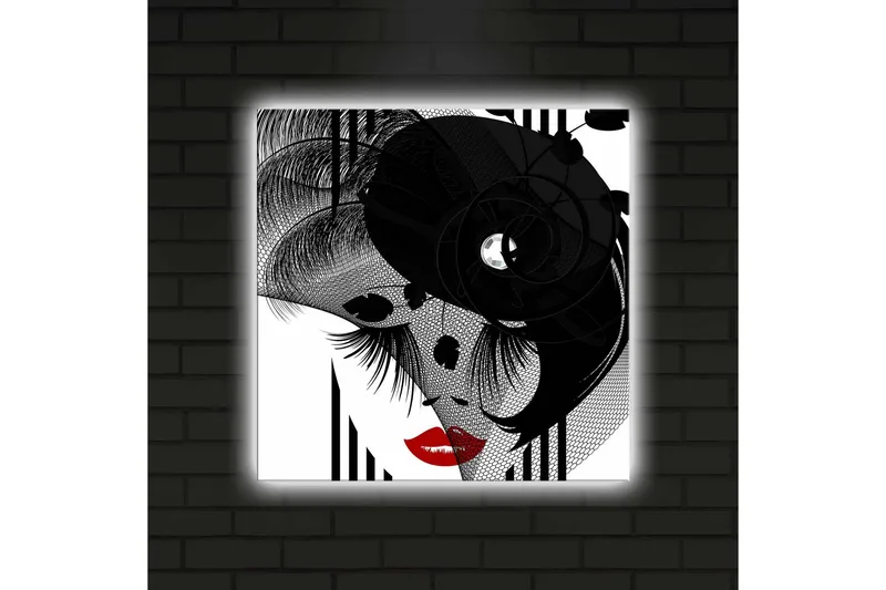 Canvas-taulu LED-valaistuksella 40x40 cm - Abstrakti muotokuva elegantista naisesta ja mustista yksityiskohdista - Musta / Punainen / Valkoinen - Sisustustuotteet - Taulu & taide - Canvas-taulu