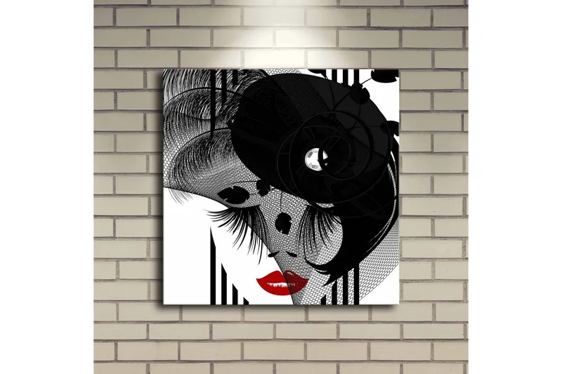 Canvas-taulu LED-valaistuksella 40x40 cm - Abstrakti muotokuva elegantista naisesta ja mustista yksityiskohdista - Musta / Punainen / Valkoinen - Sisustustuotteet - Taulu & taide - Canvas-taulu
