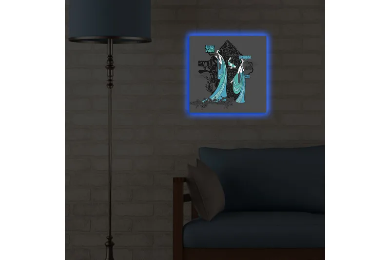 Canvas-taulu LED-valaistuksella 40x40 cm - Abstrakti sommitelma, jossa kaksi tyyliteltyä hahmoa liehuvissa vaatteissa - Musta / Turkoosi / Valkoinen - Sisustustuotteet - Taulu & taide - Canvas-taulu