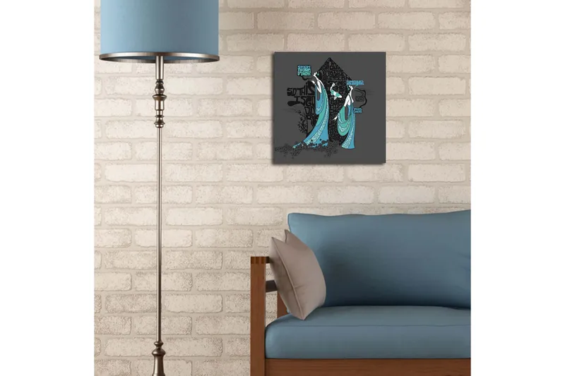 Canvas-taulu LED-valaistuksella 40x40 cm - Abstrakti sommitelma, jossa kaksi tyyliteltyä hahmoa liehuvissa vaatteissa - Musta / Turkoosi / Valkoinen - Sisustustuotteet - Taulu & taide - Canvas-taulu