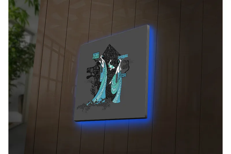 Canvas-taulu LED-valaistuksella 40x40 cm - Abstrakti sommitelma, jossa kaksi tyyliteltyä hahmoa liehuvissa vaatteissa, Musta / Turkoosi / Valkoinen