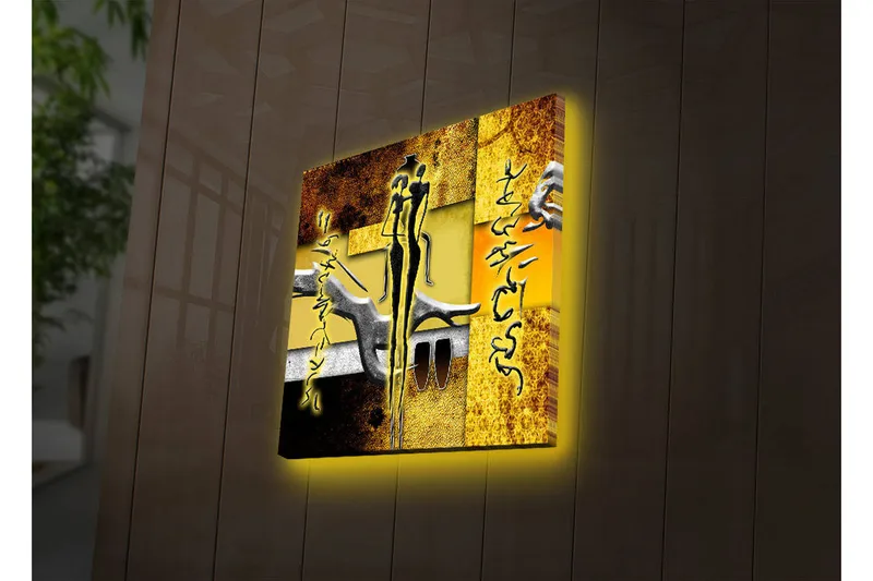 Canvas-taulu LED-valaistuksella 40x40 cm - Abstrakti sommitelma ihmishahmoilla ja käsien muodoilla, Kulta / Musta / Harmaa