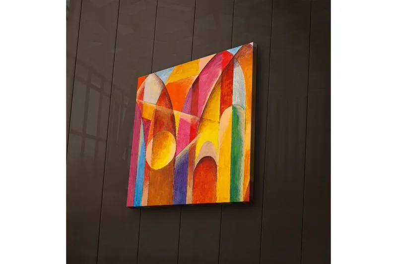 Canvas-taulu LED-valaistuksella 40x40 cm - Abstrakti sommitelma värikkäillä geometrisilla muodoilla, Punainen / Oranssi / Keltainen