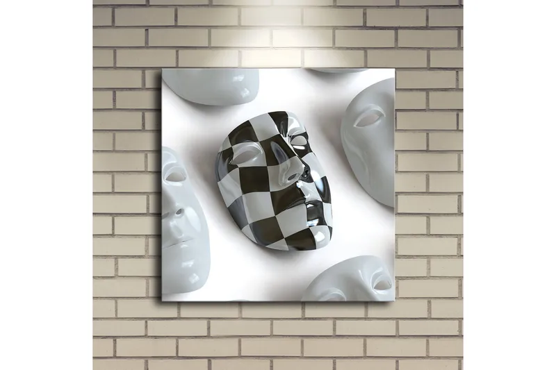 Canvas-taulu LED-valaistuksella 40x40 cm - Abstrakti sommitelma valkoisilla ja mustilla kasvonaamioilla - Valkoinen / Musta - Sisustustuotteet - Taulu & taide - Canvas-taulu