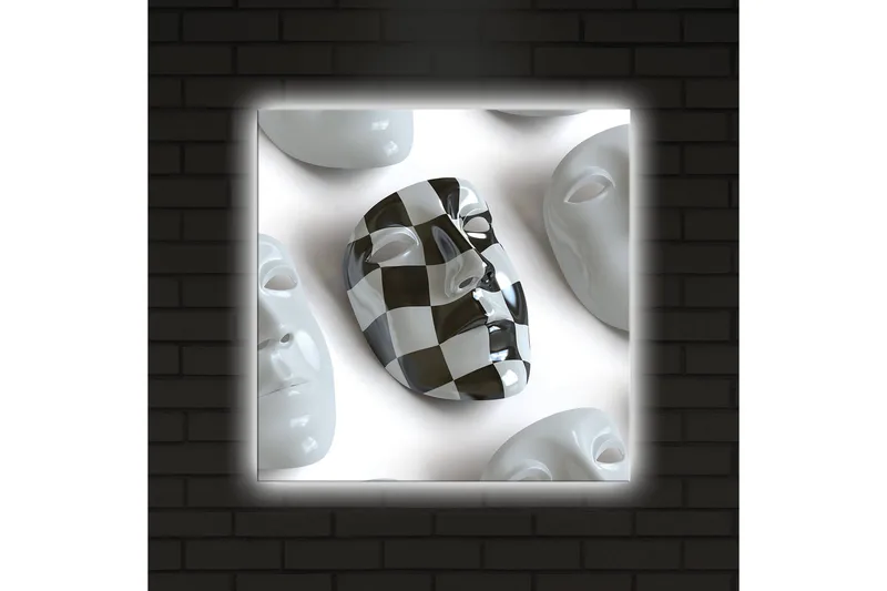 Canvas-taulu LED-valaistuksella 40x40 cm - Abstrakti sommitelma valkoisilla ja mustilla kasvonaamioilla - Valkoinen / Musta - Sisustustuotteet - Taulu & taide - Canvas-taulu