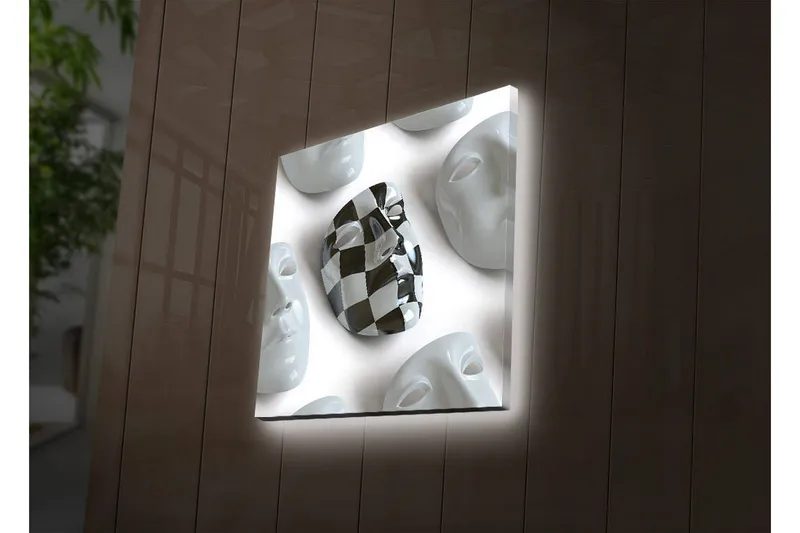 Canvas-taulu LED-valaistuksella 40x40 cm - Abstrakti sommitelma valkoisilla ja mustilla kasvonaamioilla, Valkoinen / Musta