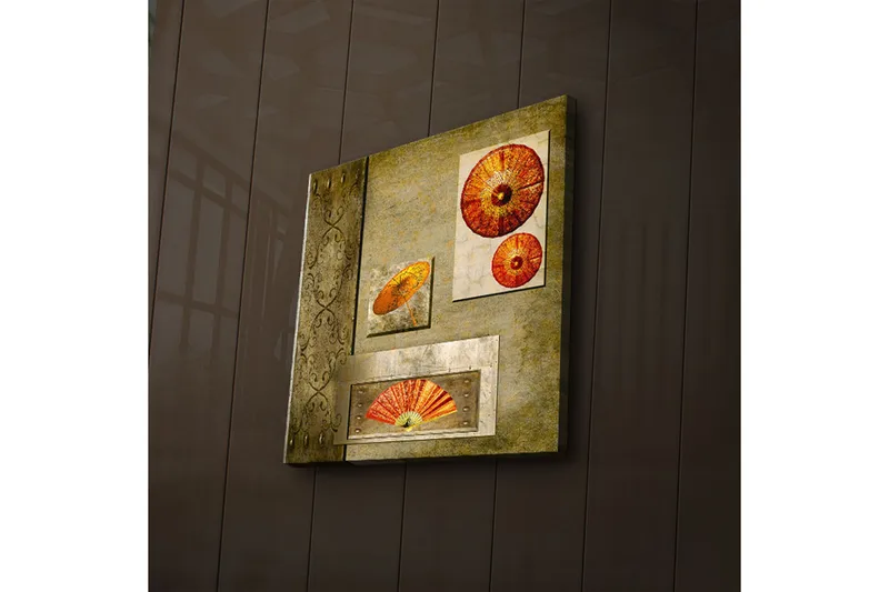 Canvas-taulu LED-valaistuksella 40x40 cm - Abstrakti sommitelma viuhka-aiheella lämpimin värein, Oranssi / Kulta / Beige