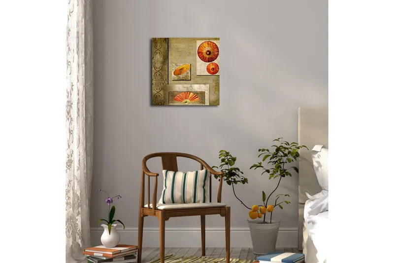 Canvas-taulu LED-valaistuksella 40x40 cm - Abstrakti sommitelma viuhka-aiheella lämpimin värein - Oranssi / Kulta / Beige - Sisustustuotteet - Taulu & taide - Canvas-taulu