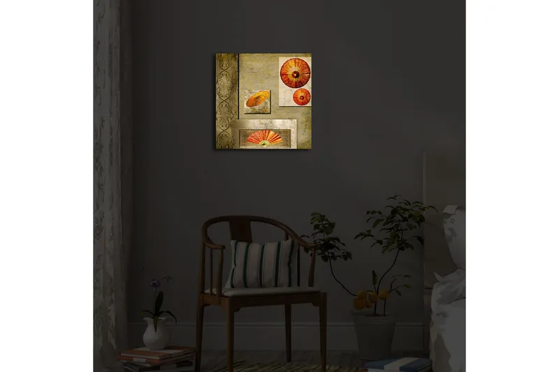 Canvas-taulu LED-valaistuksella 40x40 cm - Abstrakti sommitelma viuhka-aiheella lämpimin värein - Oranssi / Kulta / Beige - Sisustustuotteet - Taulu & taide - Canvas-taulu