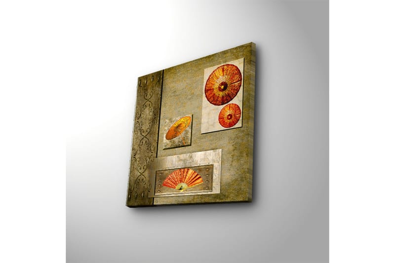 Canvas-taulu LED-valaistuksella 40x40 cm - Abstrakti sommitelma viuhka-aiheella lämpimin värein - Oranssi / Kulta / Beige - Sisustustuotteet - Taulu & taide - Canvas-taulu