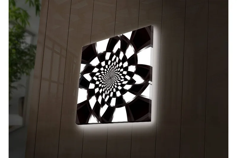 Canvas-taulu LED-valaistuksella 40x40 cm - Abstrakti spiraalimainen sommitelma mustavalkoisena, Musta / Valkoinen