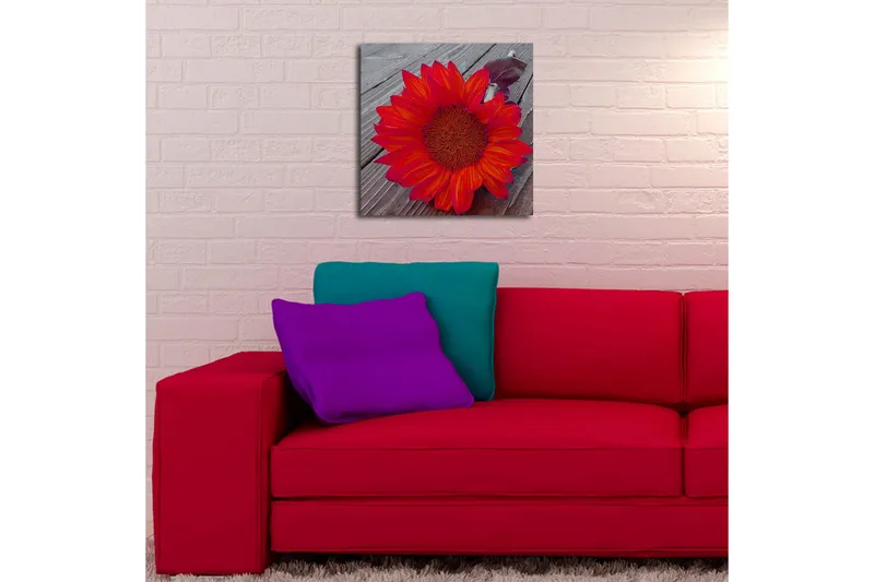Canvas-taulu LED-valaistuksella 40x40 cm - Auringonkukka intensiivisen punaisilla ja oransseilla lehdillä - Punainen / oranssi - Sisustustuotteet - Taulu & taide - Canvas-taulu
