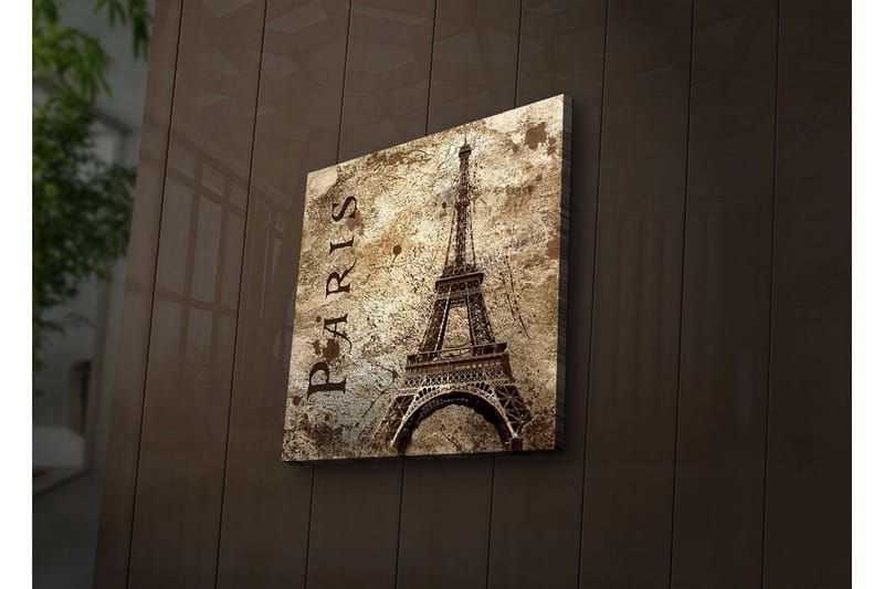 Canvas-taulu LED-valaistuksella 40x40 cm - Eiffel-torni vintage-tyyliin tekstillä Paris, Beige / Ruskea / Musta
