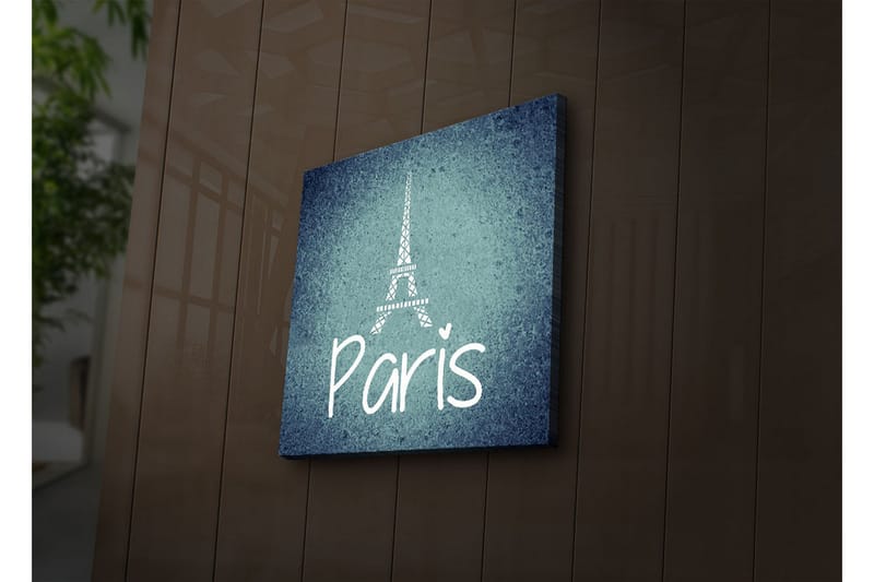 Canvas-taulu LED-valaistuksella 40x40 cm - Eiffel-tornin siluetti tekstillä Paris, Tummansininen / Vaaleansininen / Valkoinen