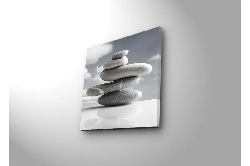 Canvas-taulu LED-valaistuksella 40x40 cm - Harmaan sävyisten kivien kasa harmonisessa tasapainossa - Harmaa / Valkoinen - Sisustustuotteet - Taulu & taide - Canvas-taulu