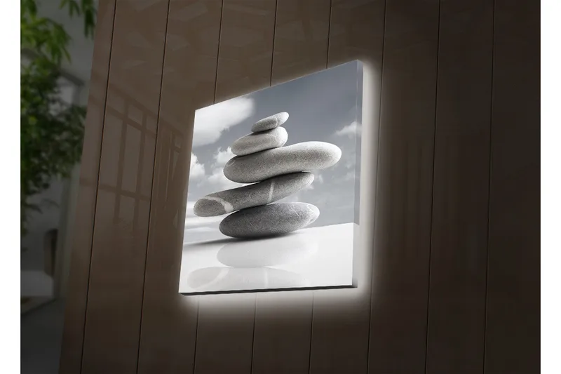 Canvas-taulu LED-valaistuksella 40x40 cm - Harmaan sävyisten kivien kasa harmonisessa tasapainossa, Harmaa / Valkoinen
